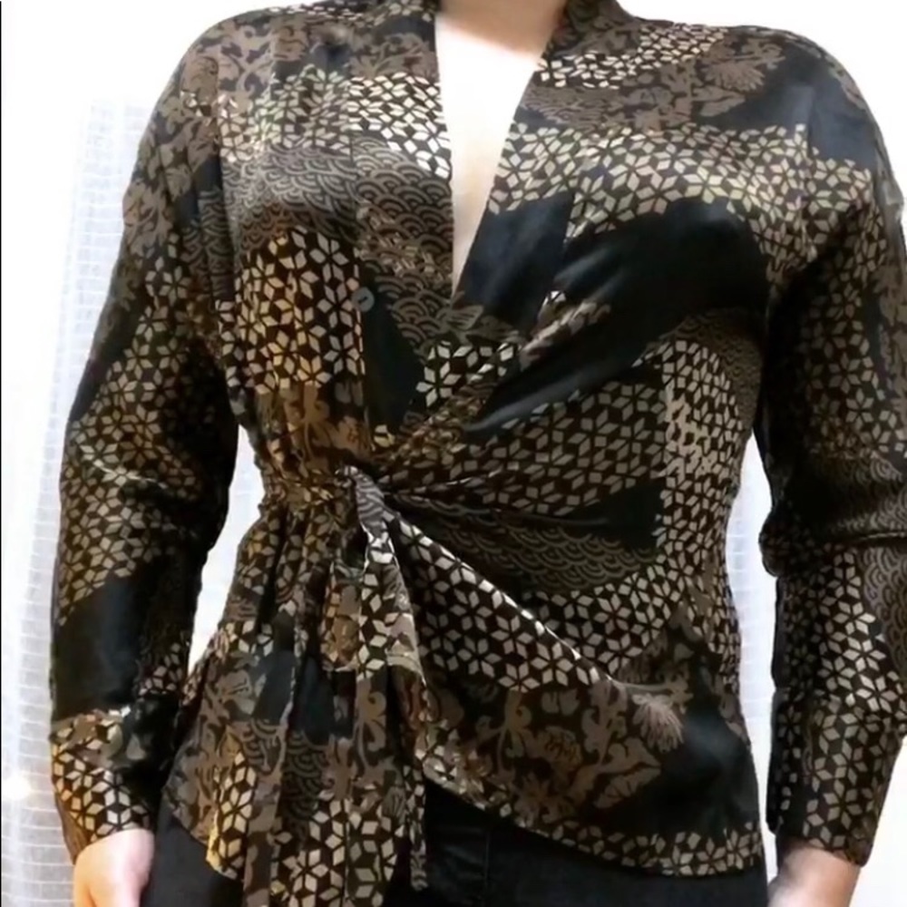 Brown Silk Wrap Blouse Size 6/Small Petite